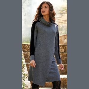 Soft Surroundings Herringbone Print Turtleneck Crossover Sweater Dress Pockets